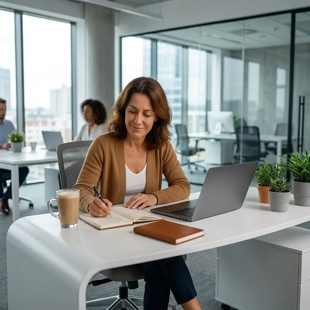 Woman working on a business plan at a cafe