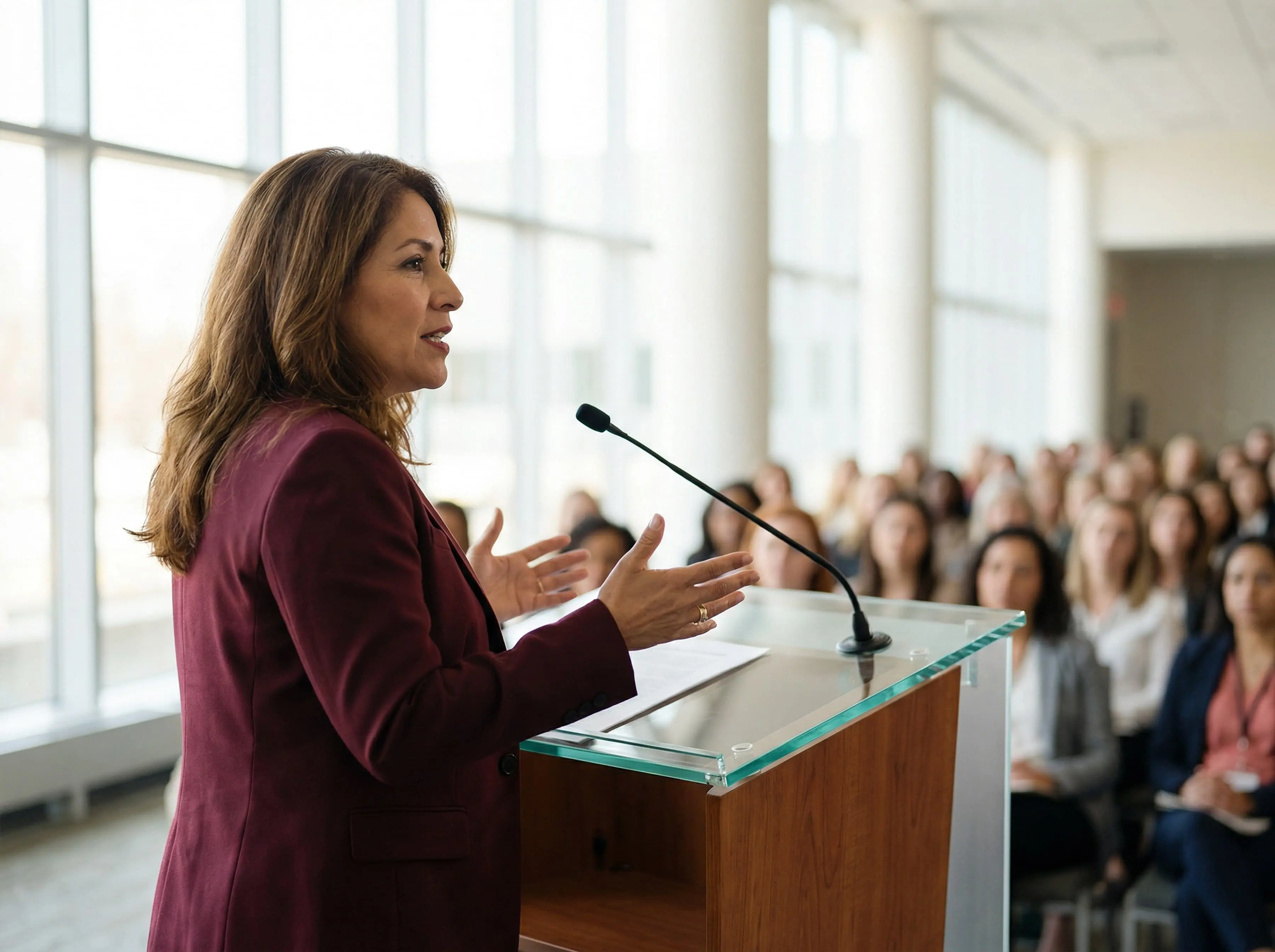 Founder of Bloom speaking at a conference about women's career empowerment