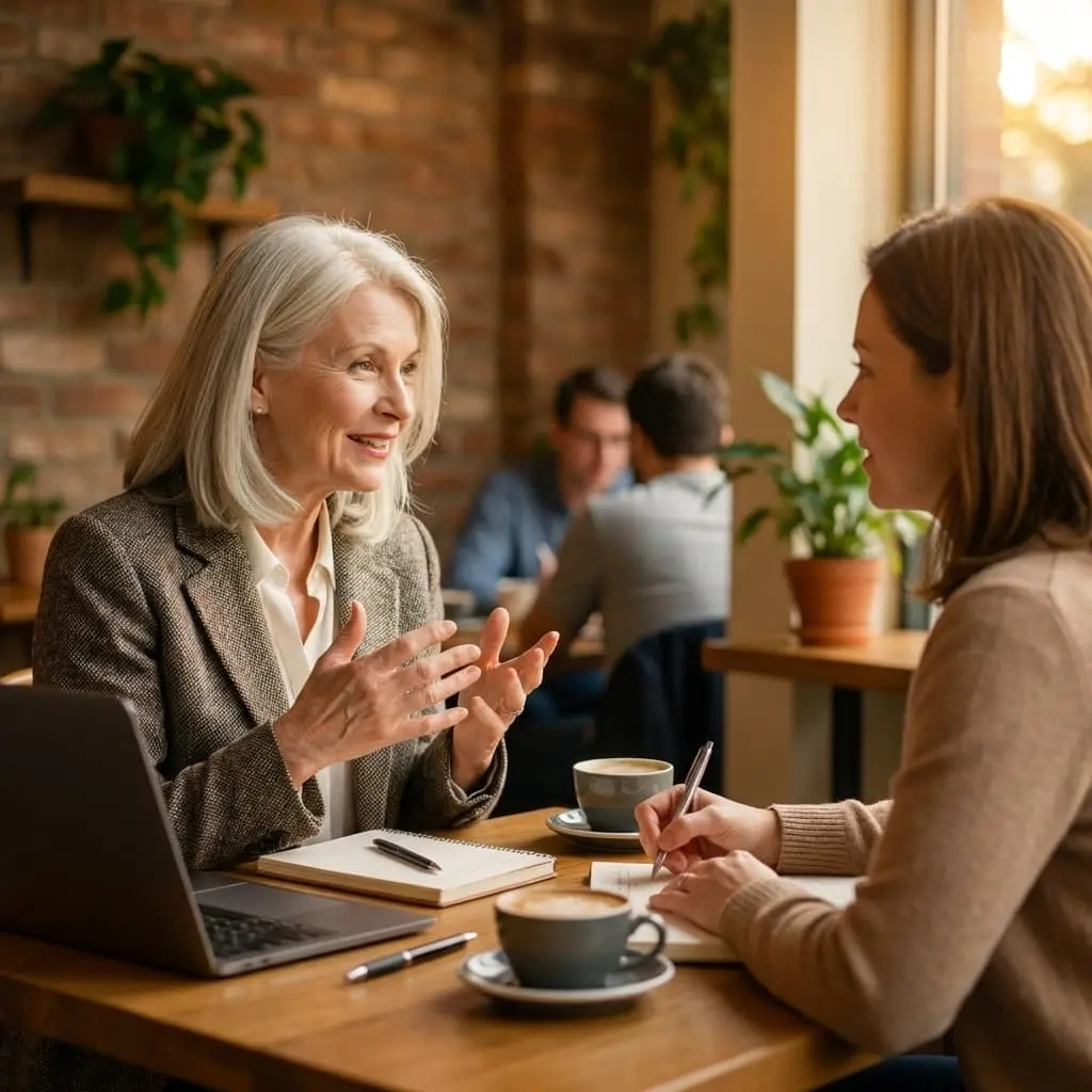 two women in a mentoring conversation over coffee