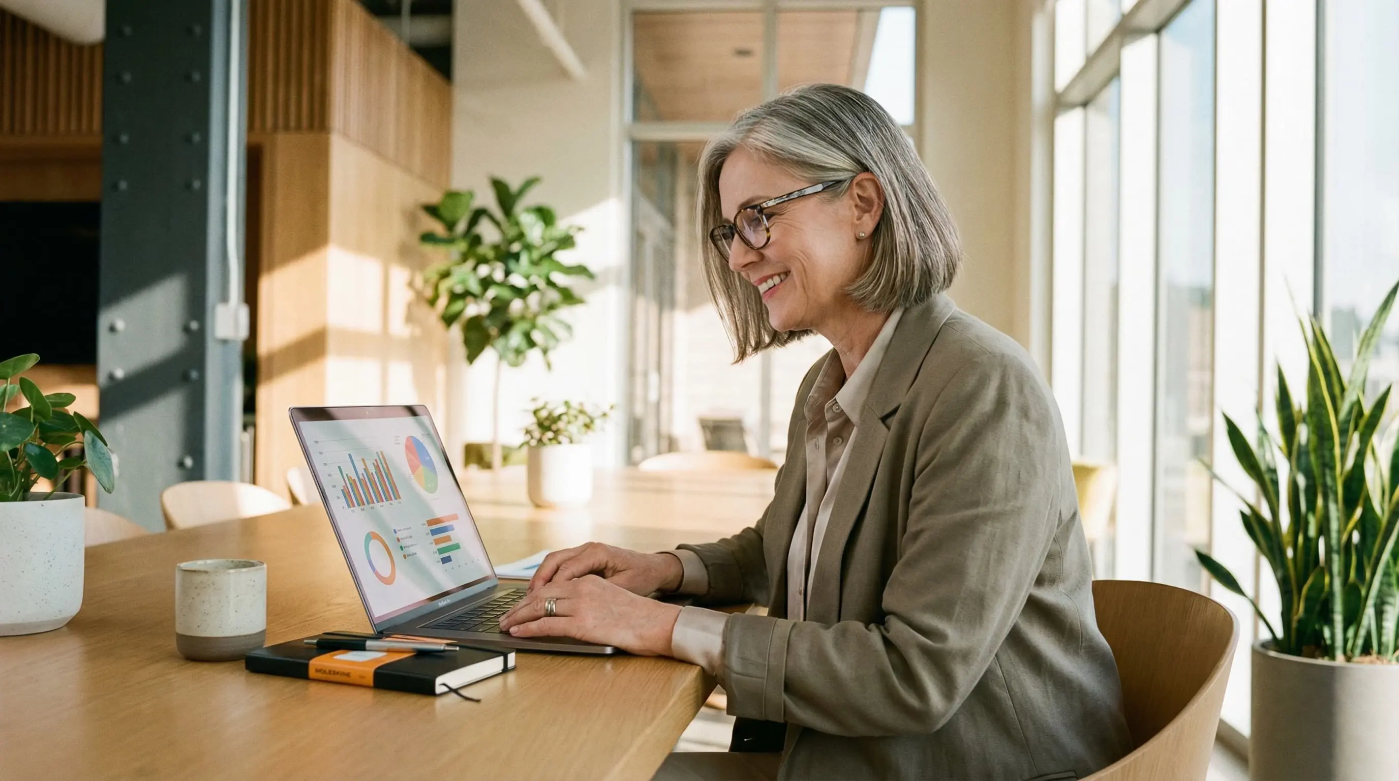 Woman learning digital skills on a laptop in a bright workspace