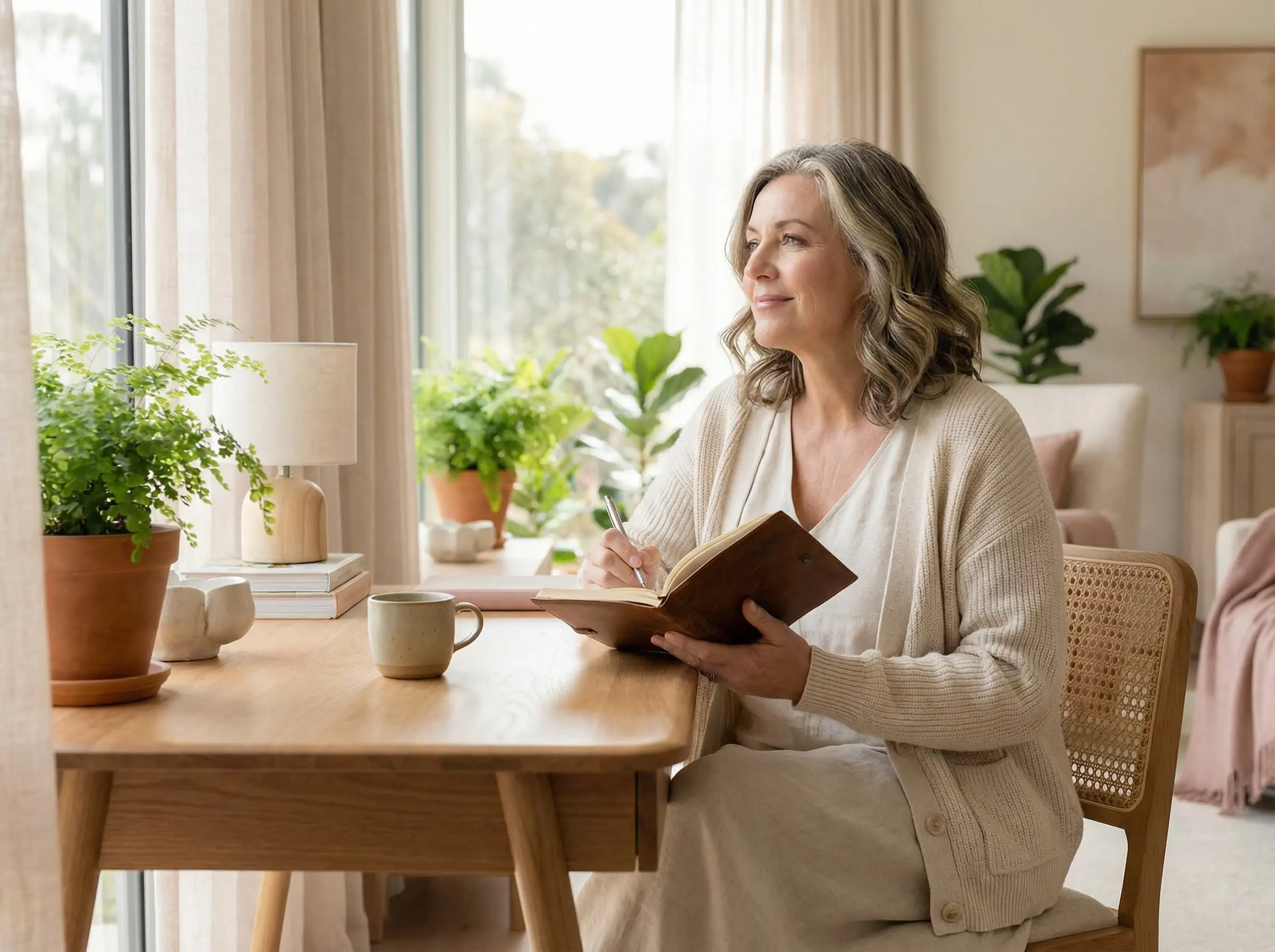 Woman journaling in a peaceful setting during a reflective exercise