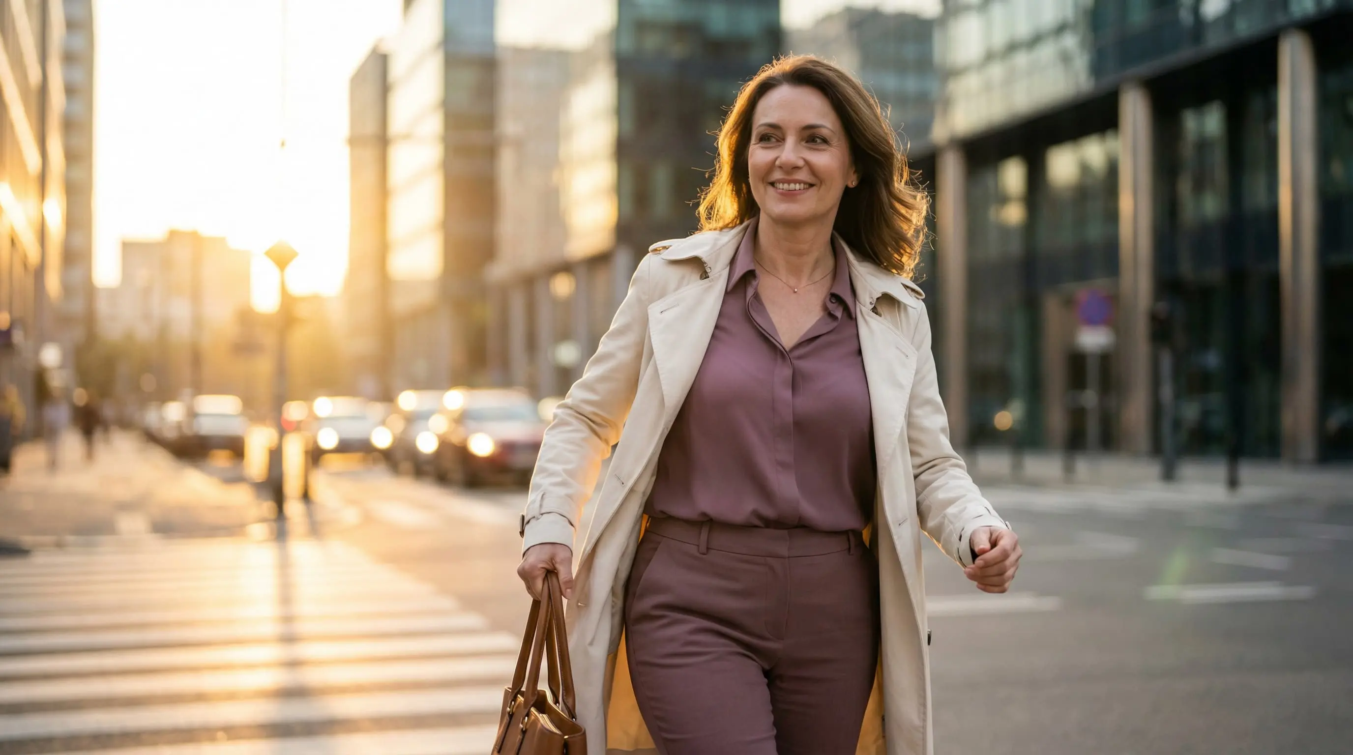 Radiant woman walking confidently through a modern city street at golden hour
