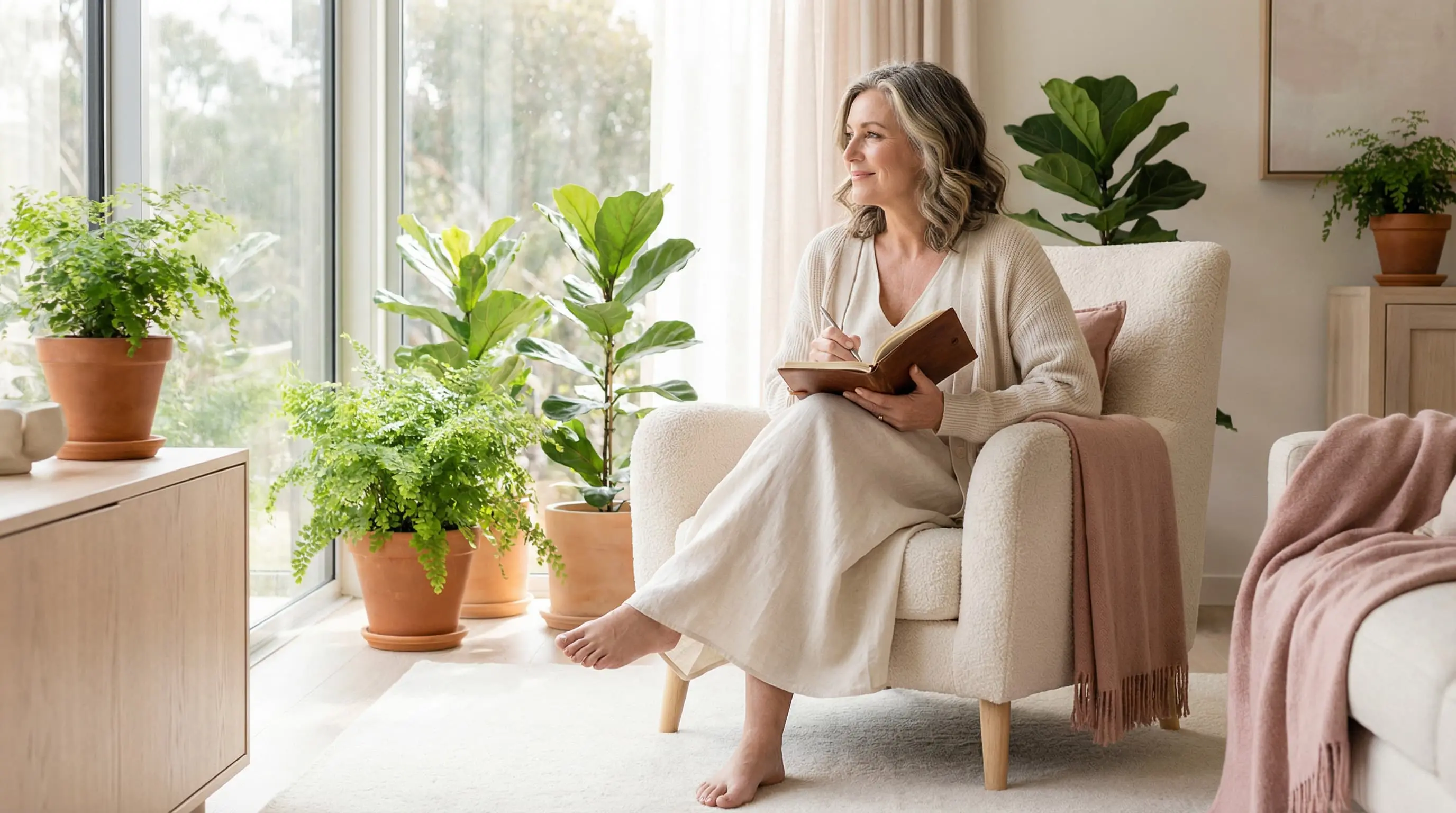 Serene woman in her 50s journaling in a light-filled room surrounded by plants and warm decor